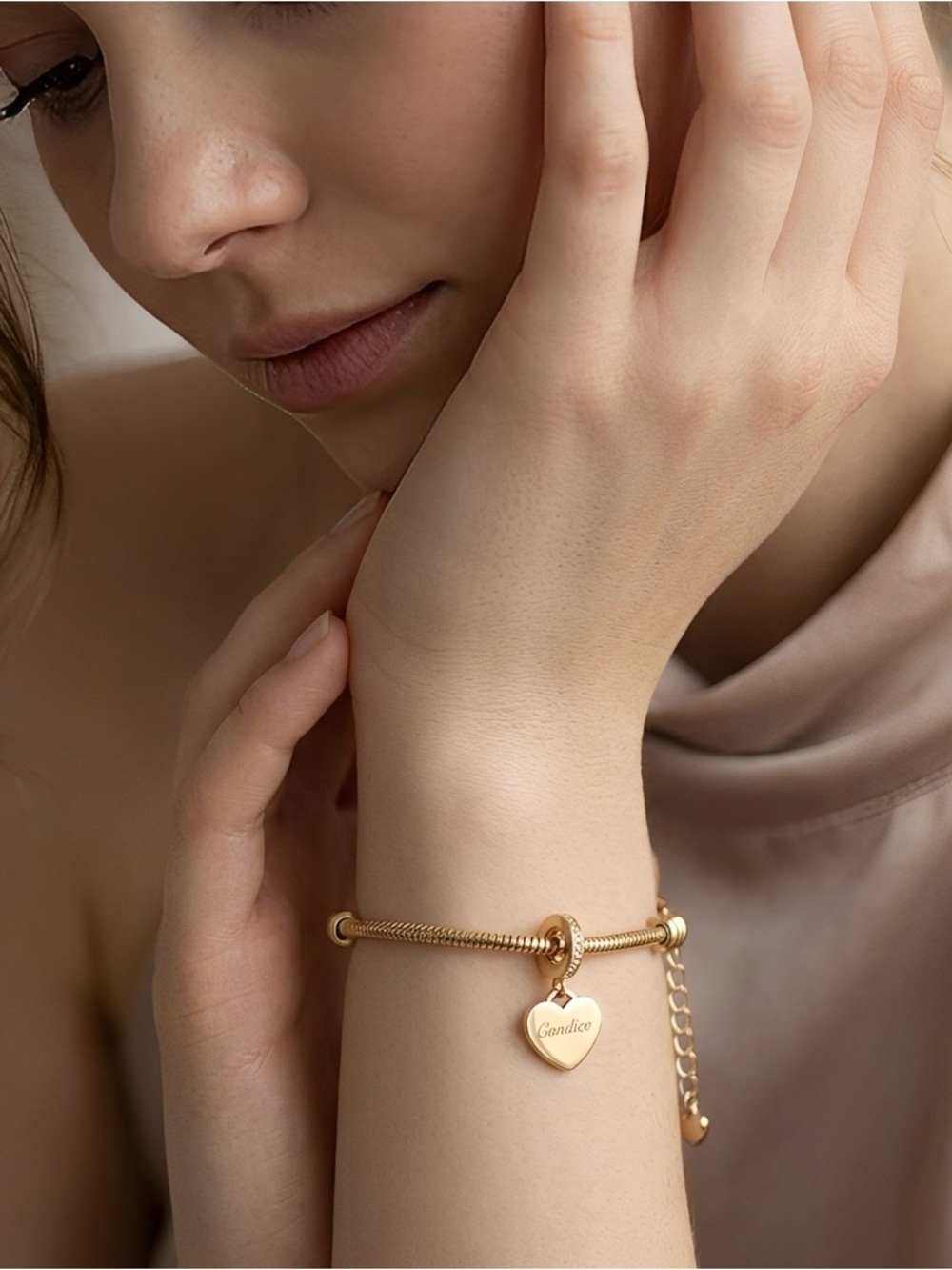 Linx Yellow Gold Snake Chain Bracelet with Personalized Name Heart Charm